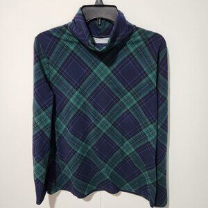 Talbots " The Tee" Cotton Green Blue Plaid Long Sleeve Turtleneck Shirt Top  XL